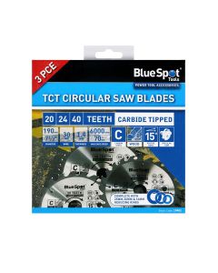 Blue Spot Tools 3 PCE 190mm x 30mm TCT Circular Saw Blades (20, 24 & 40 Teeth)