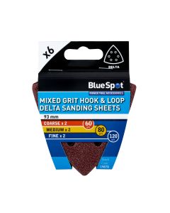 Blue Spot Tools 6 Pack 93mm Mixed Grit Delta Sanding Sheets