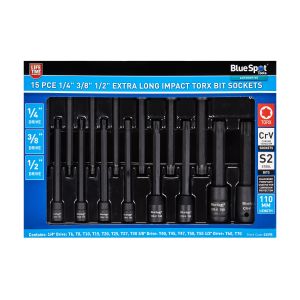 BLUE SPOT TOOLS 15 PCE 1/4" 3/8" 1/2" EXTRA LONG IMPACT TORX BIT SOCKETS