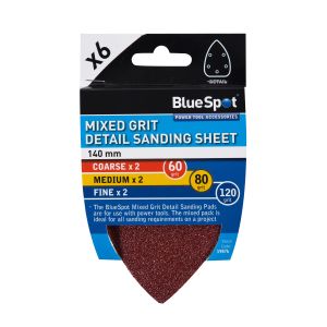 Blue Spot Tools 6 Pack 140mm Mixed Grit Detail Sanding Sheets
